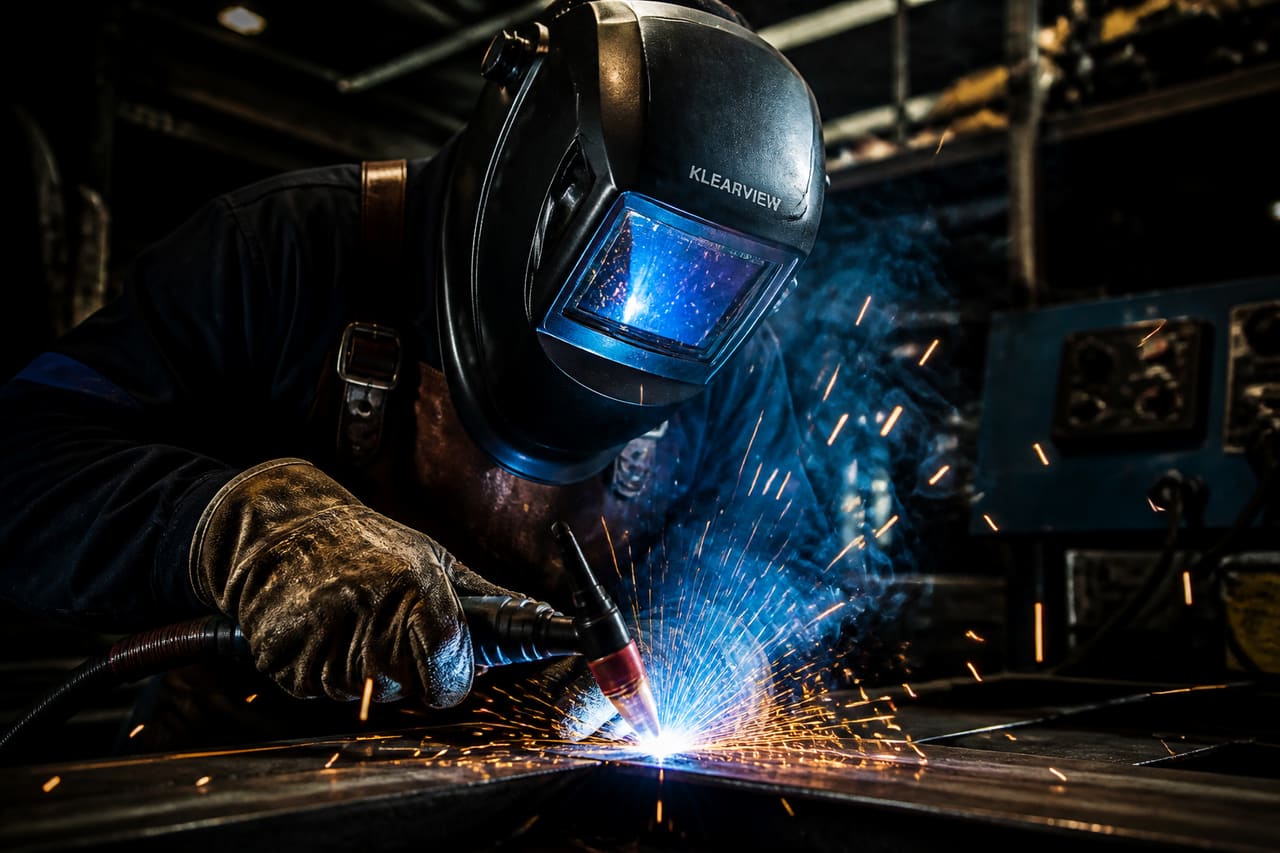 Professional Welder Wearing a Klearview Welding Helmet in Industrial Workshop