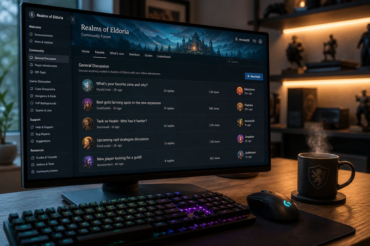 Gaming Monitor Displaying a Fantasy Game Community Forum