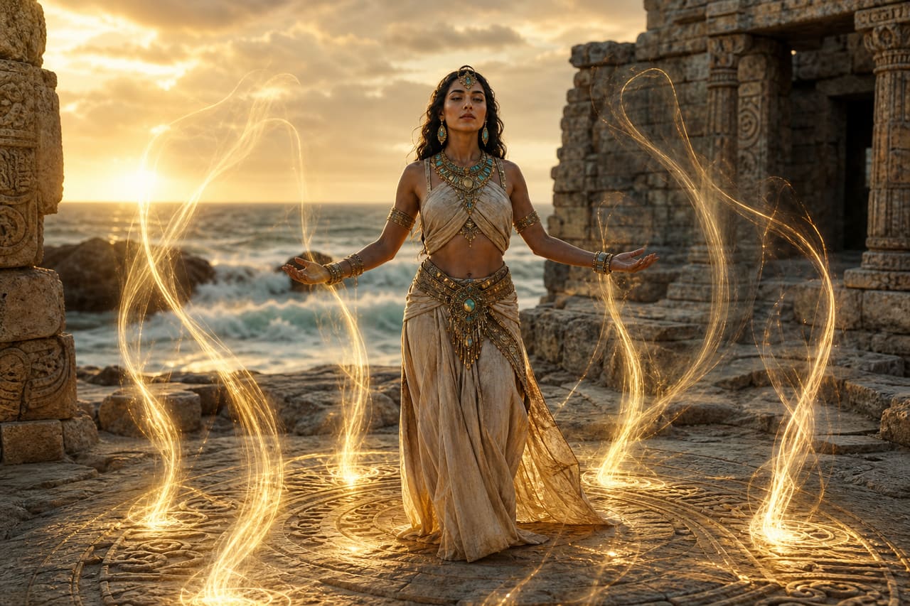 Powerful Woman with Golden Tentacles in a Coastal Temple