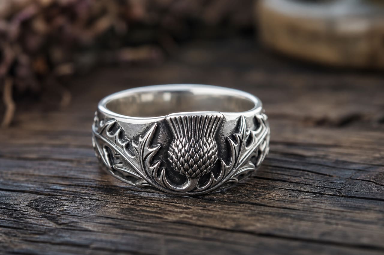 Handcrafted Scottish Thistle Ring on a Rustic Wooden Surface