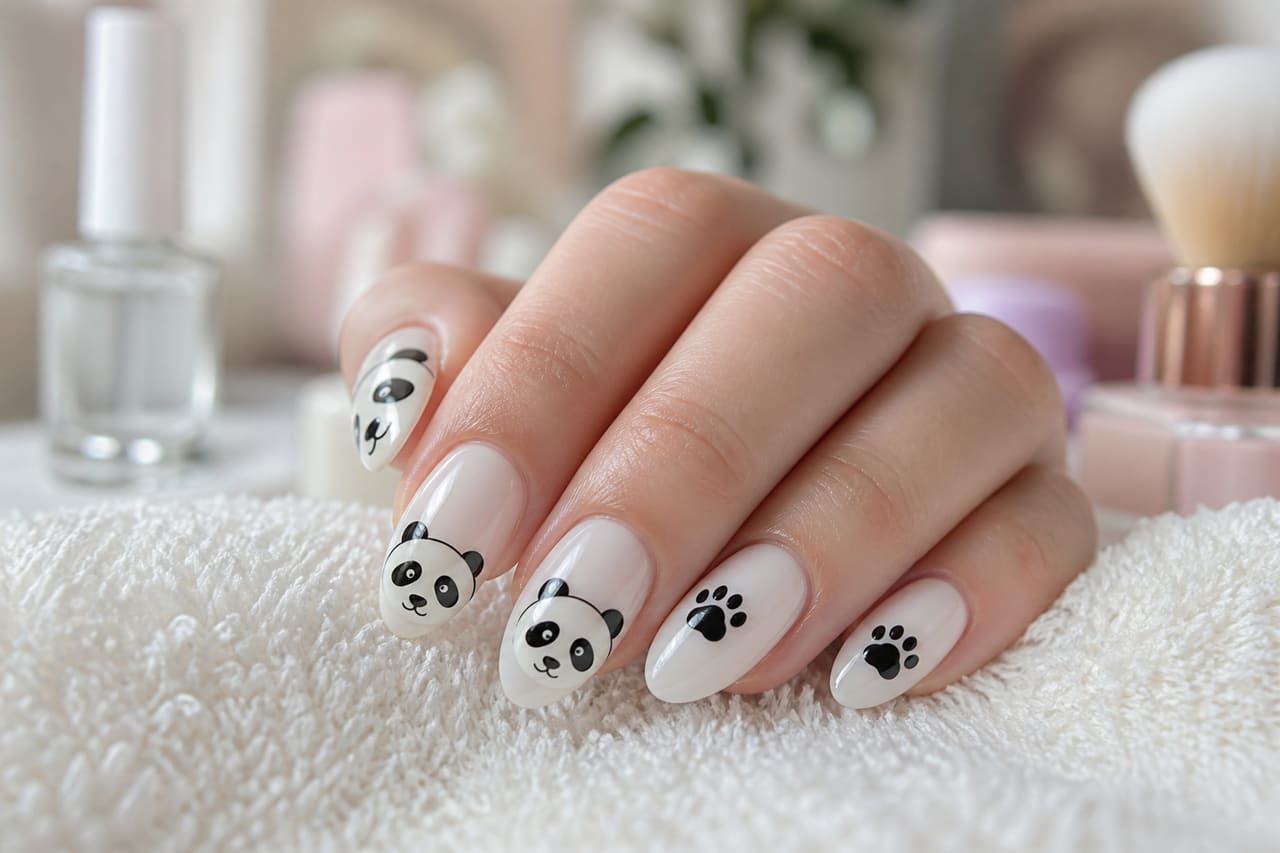 Close Up of Manicure with Panda Bear Nail Art