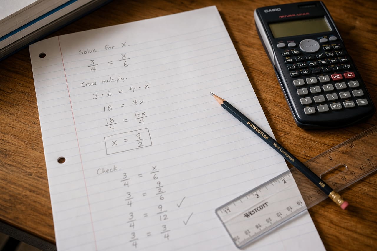 Student Solving Algebra Proportions on Notebook Paper