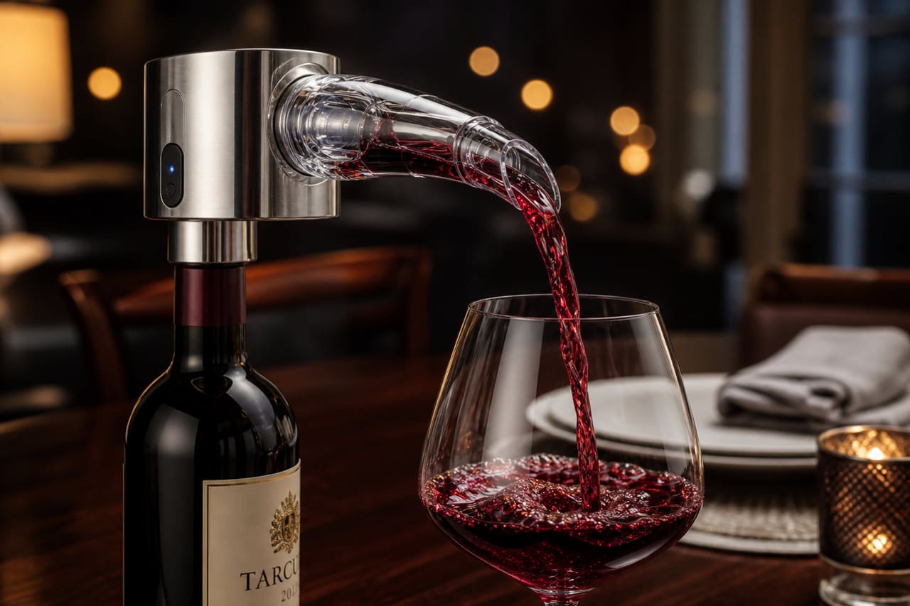 Electronic Wine Aerator Pouring Red Wine Into Glass