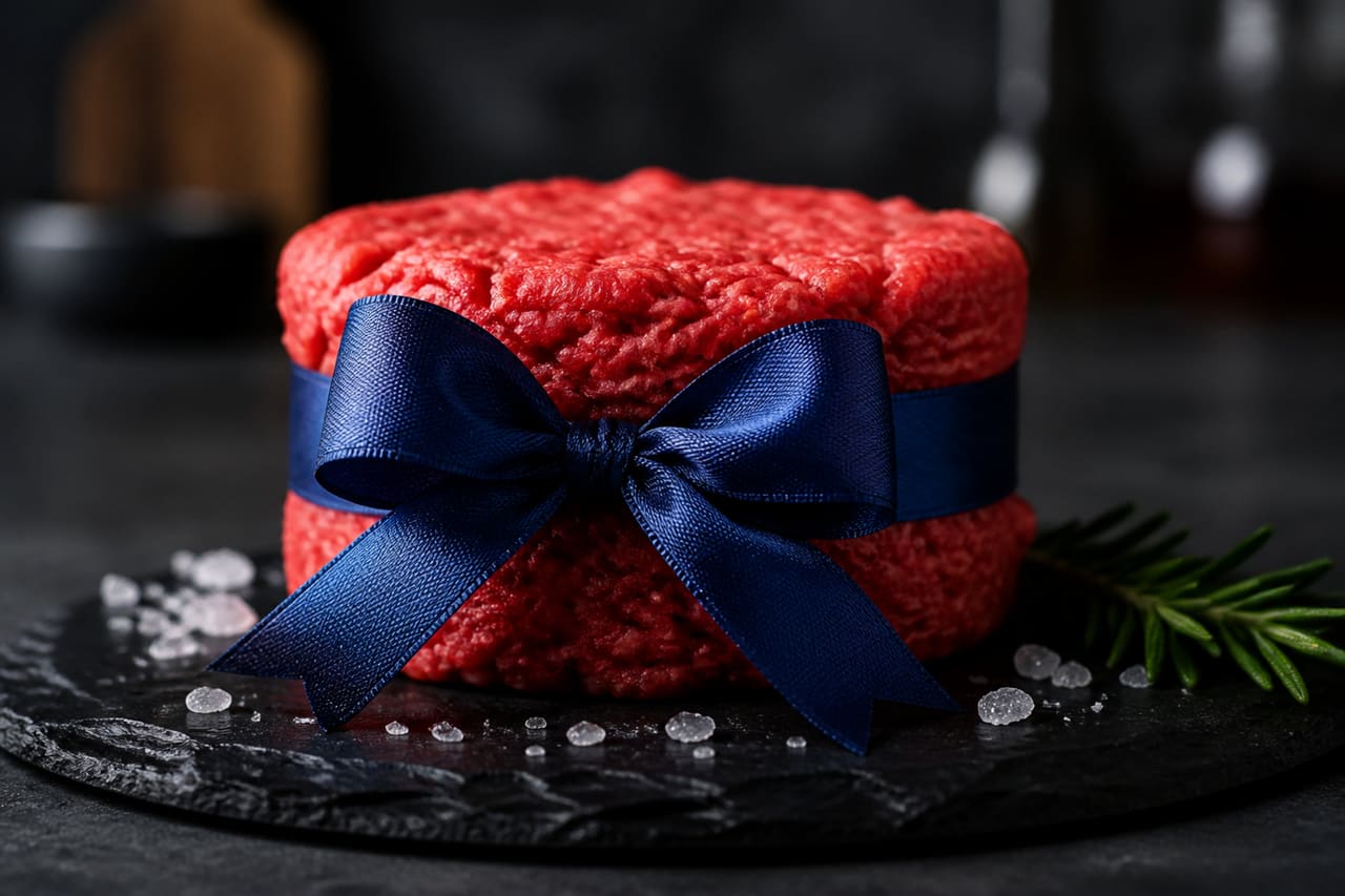 Premium Ground Beef Tied with a Blue Ribbon on Slate