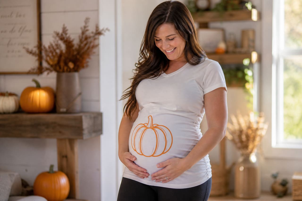 Pregnant Woman Wearing a Pumpkin Graphic Maternity T-Shirt