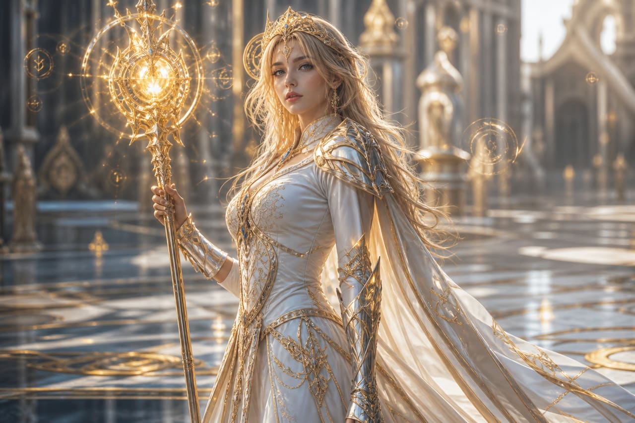 Royal Fantasy Mage with Glowing Scepter in Palace Courtyard