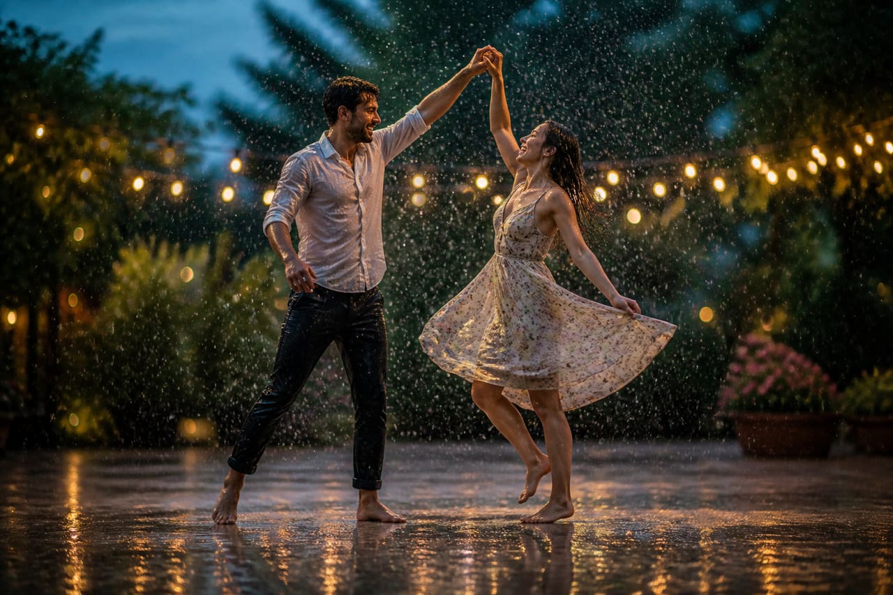 Young Couple Dancing in a Romantic Rain Shower
