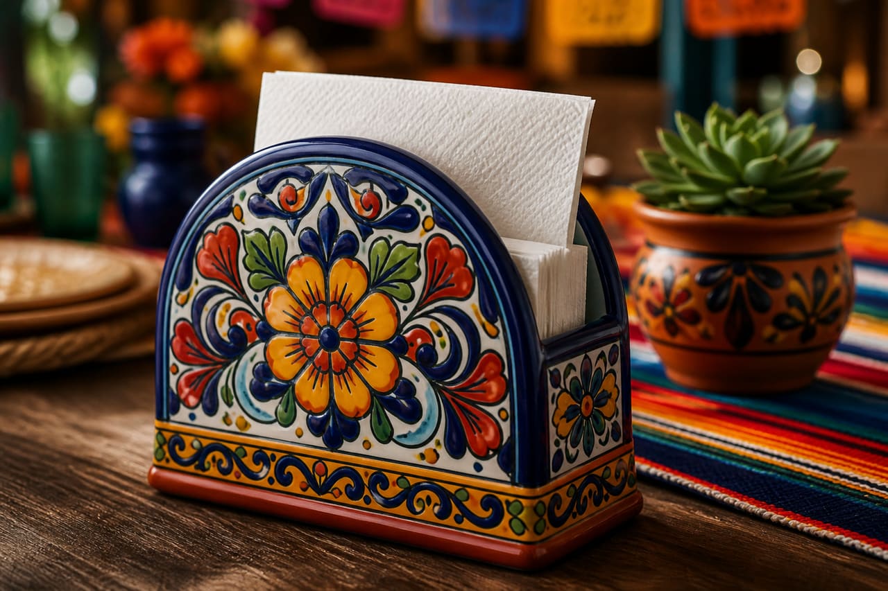 Ceramic Fiesta Napkin Dispenser on a Rustic Wooden Table
