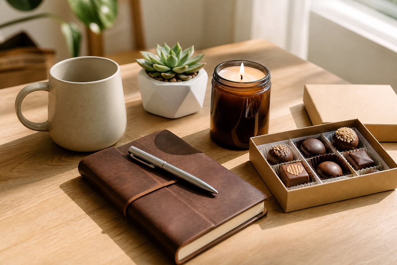 Curated Collection of Affordable Gift Ideas on Wooden Table