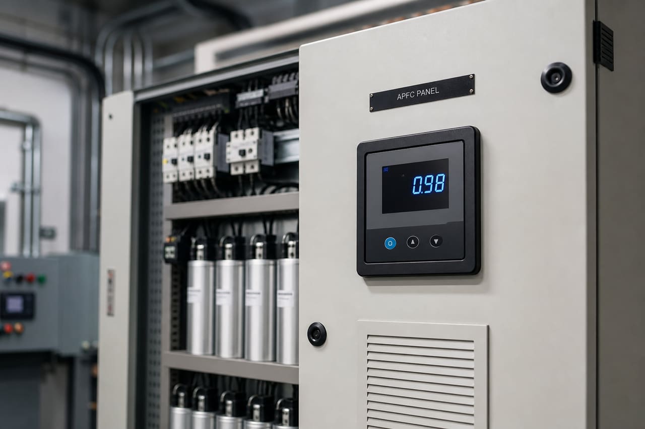 Industrial Automatic Power Factor Correction Panel in Electrical Room