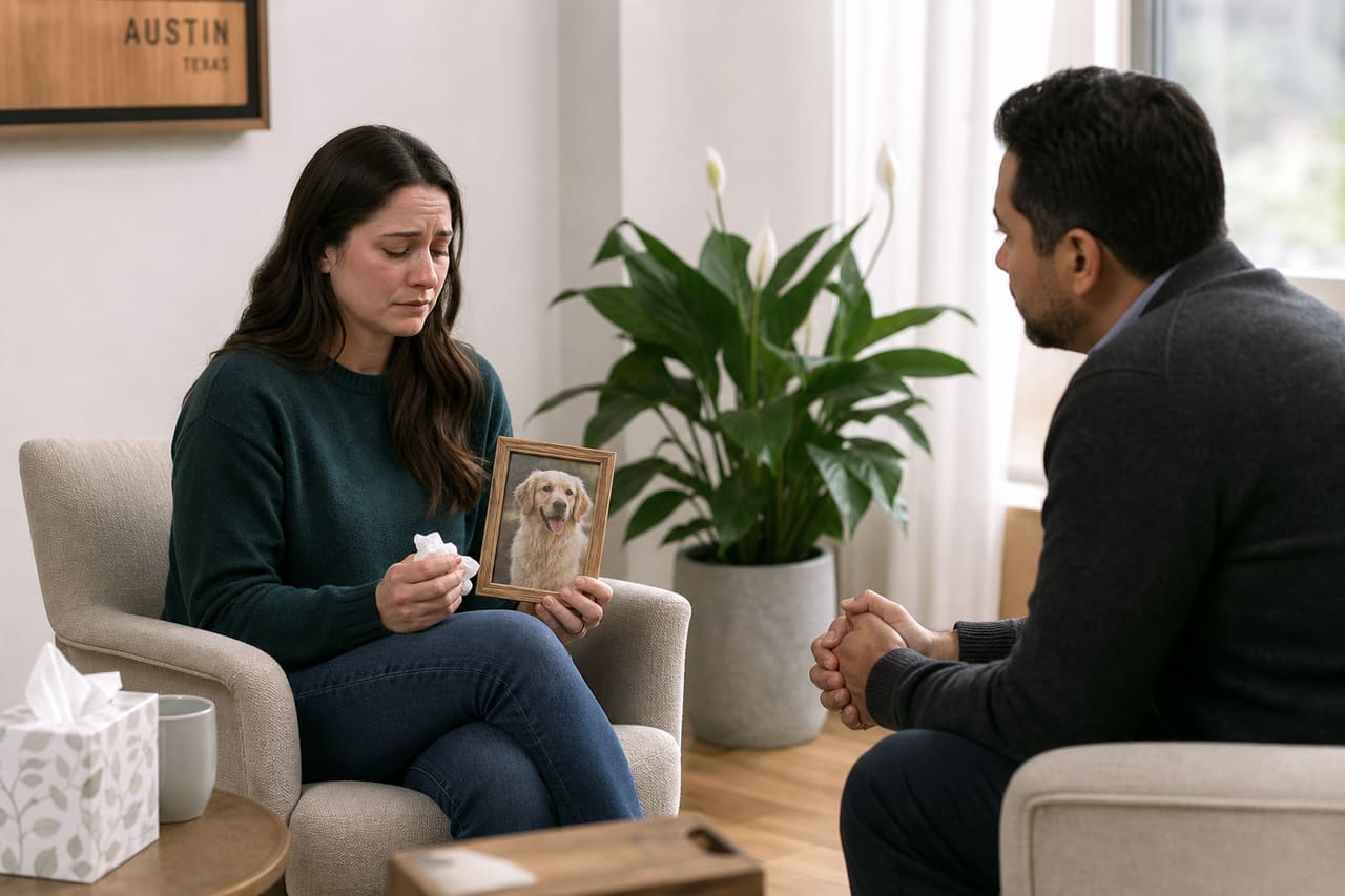 Comforting Counselor Supporting Grieving Pet Owner in Modern Therapy Office