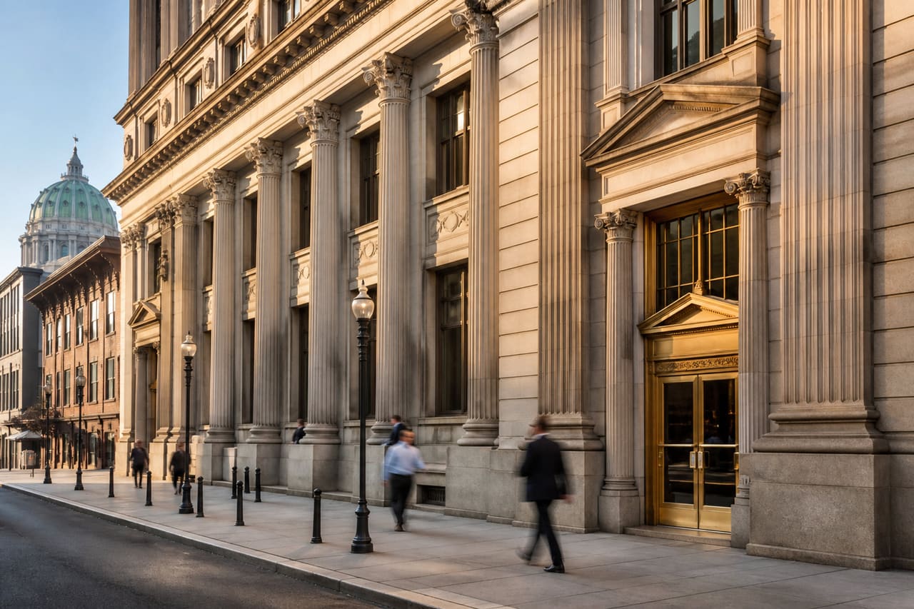 Historic Bank Building Facade in Downtown Harrisburg Pennsylvania