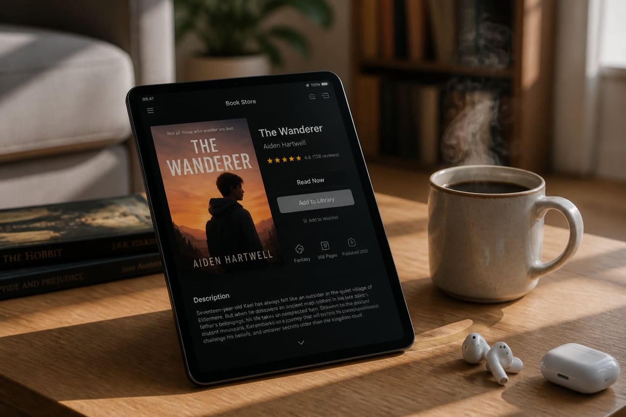 Digital Tablet Displaying an E-Book on a Wooden Table