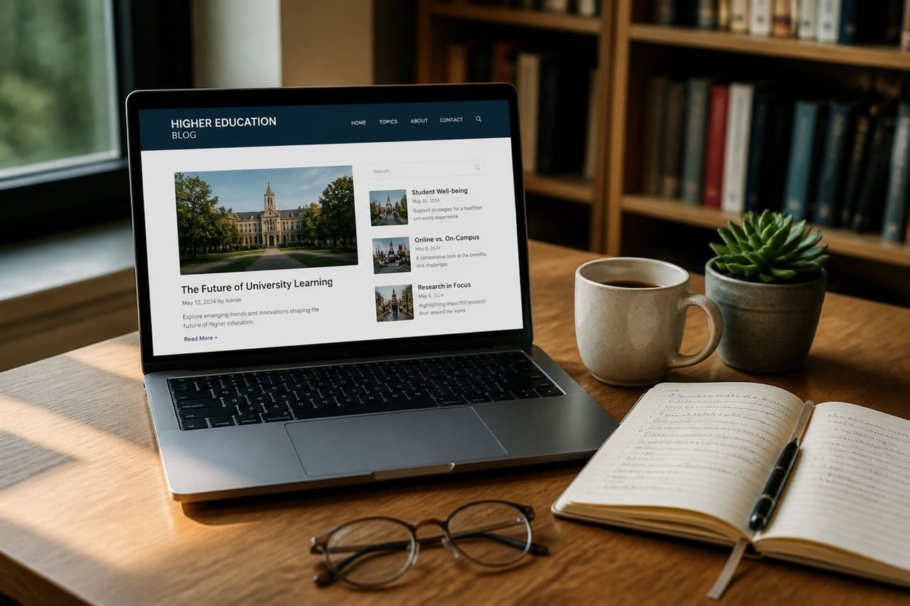 Laptop Displaying a Higher Education Blog on a Student Desk