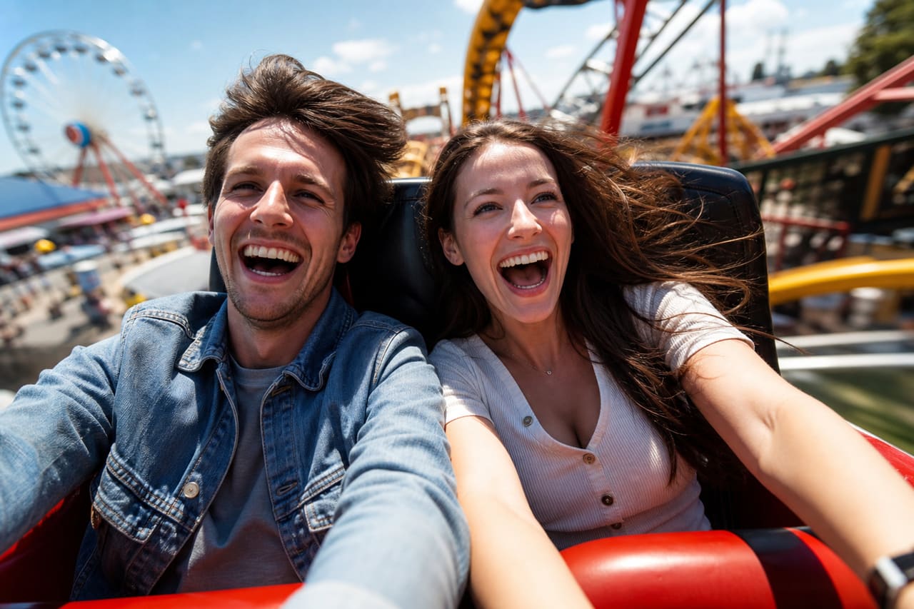 Couple Laughing While Riding a Fast Rollercoaster