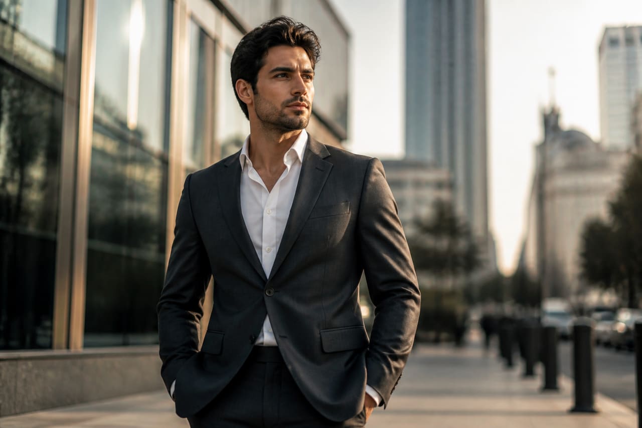 Confident Man in Stylish Suit Standing in Urban Setting