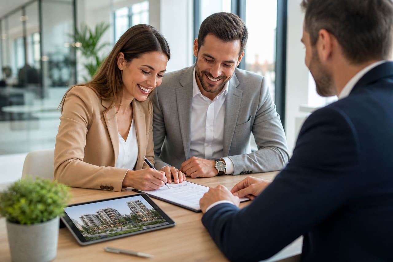 Couple Signing Rent to Own Co-Op Agreement in Bright Office