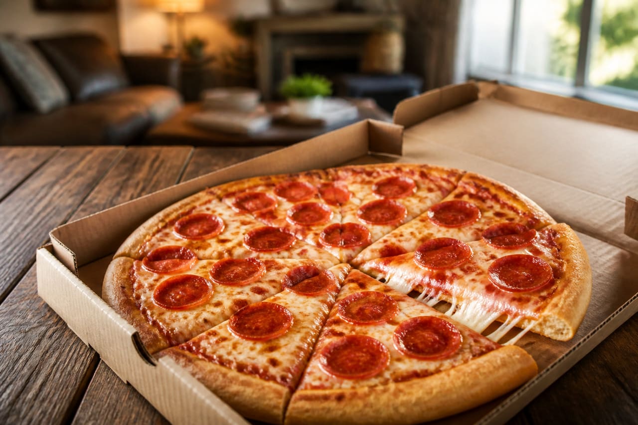 Fresh Pepperoni Pizza in Delivery Box on Wooden Table
