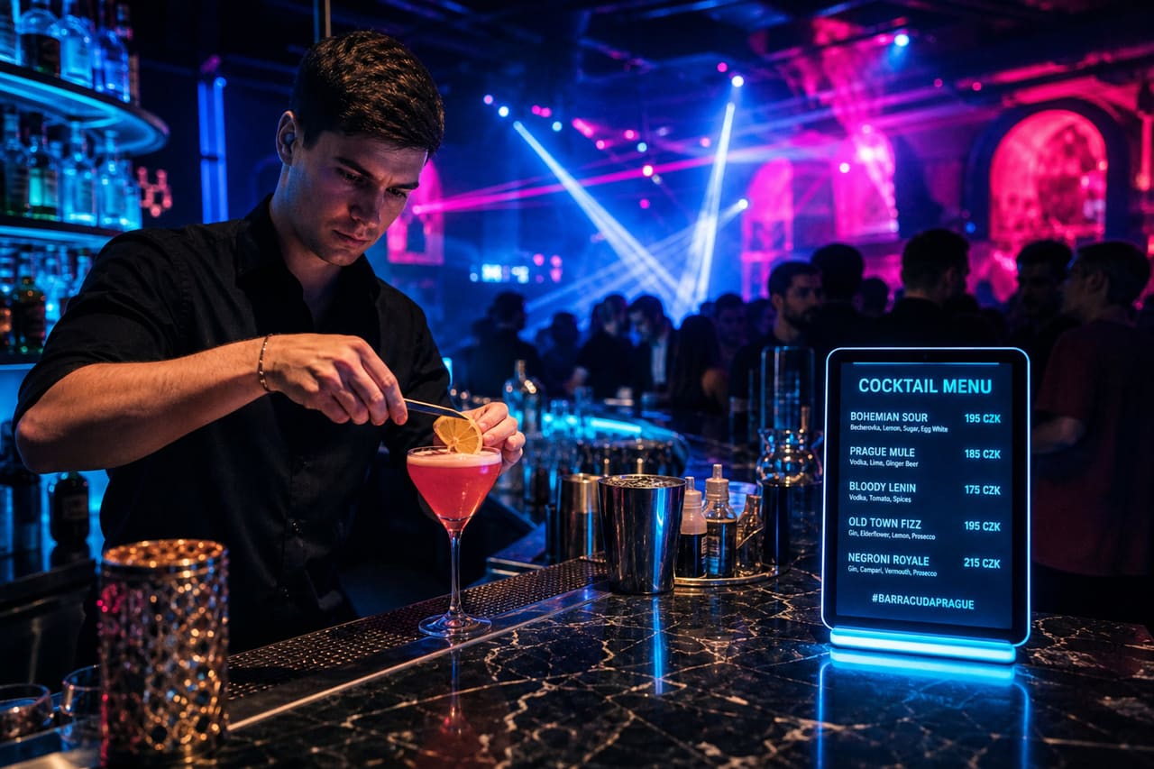 Illuminated Bar Menu and Cocktail Display in a Prague Nightclub