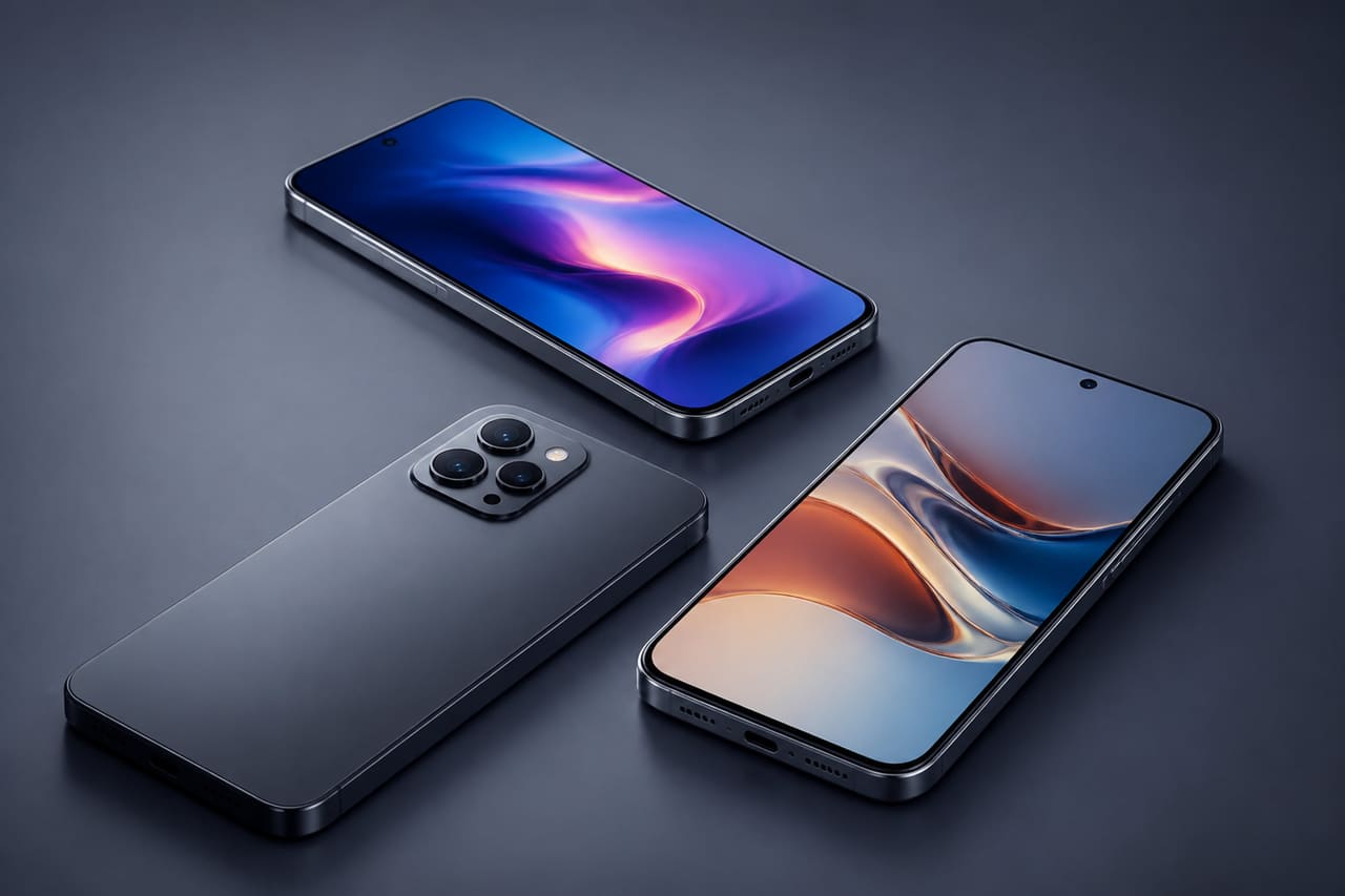 Modern Smartphones Arranged on a Minimalist Studio Surface