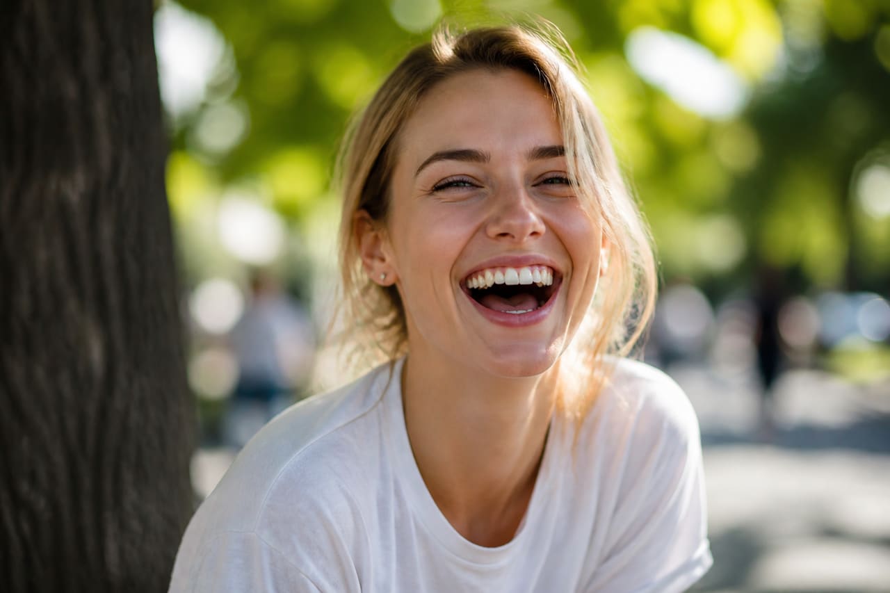Cheerful Young Woman Laughing in a Sunlit Urban Park