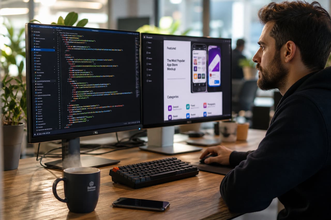 Software Developer Working on App Gallery Integration in Modern Office