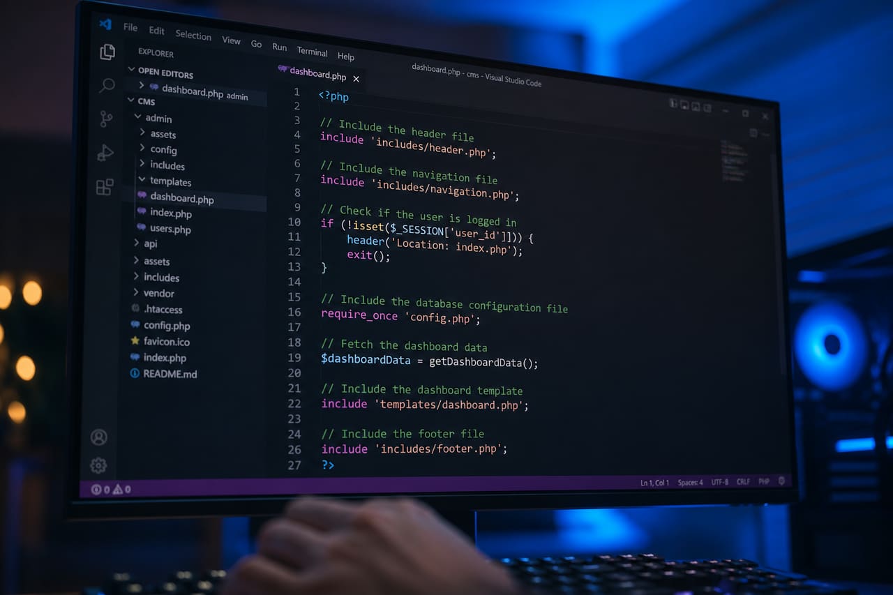 Developer Writing Php Include Code on a Computer Screen