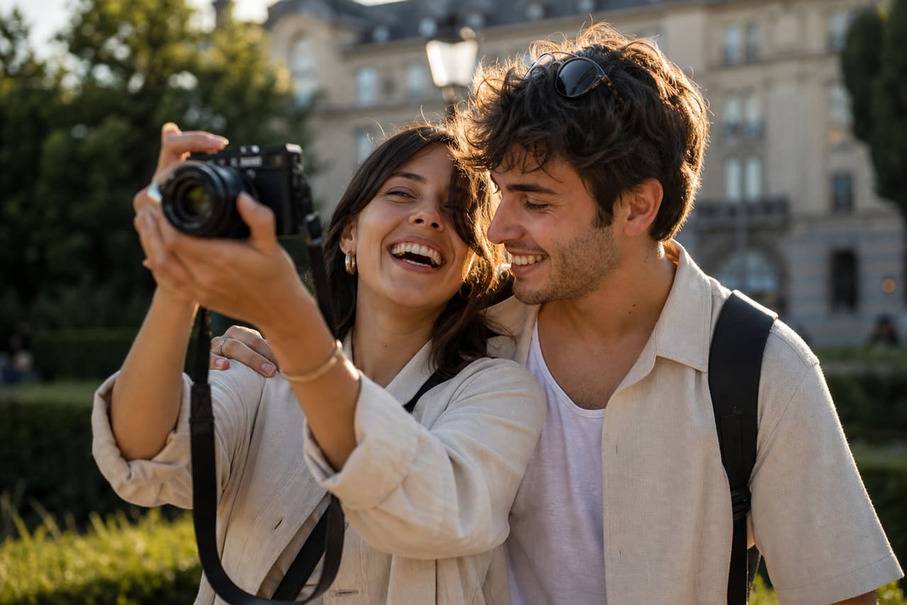 Young Couple Taking a Selfie in a Sunny Urban Park