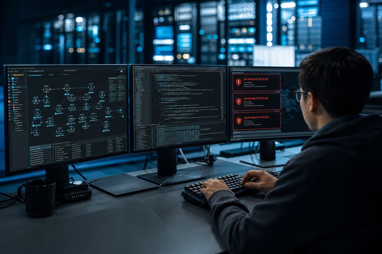 Cybersecurity Professional Analyzing Network Vulnerabilities on Multiple Monitors