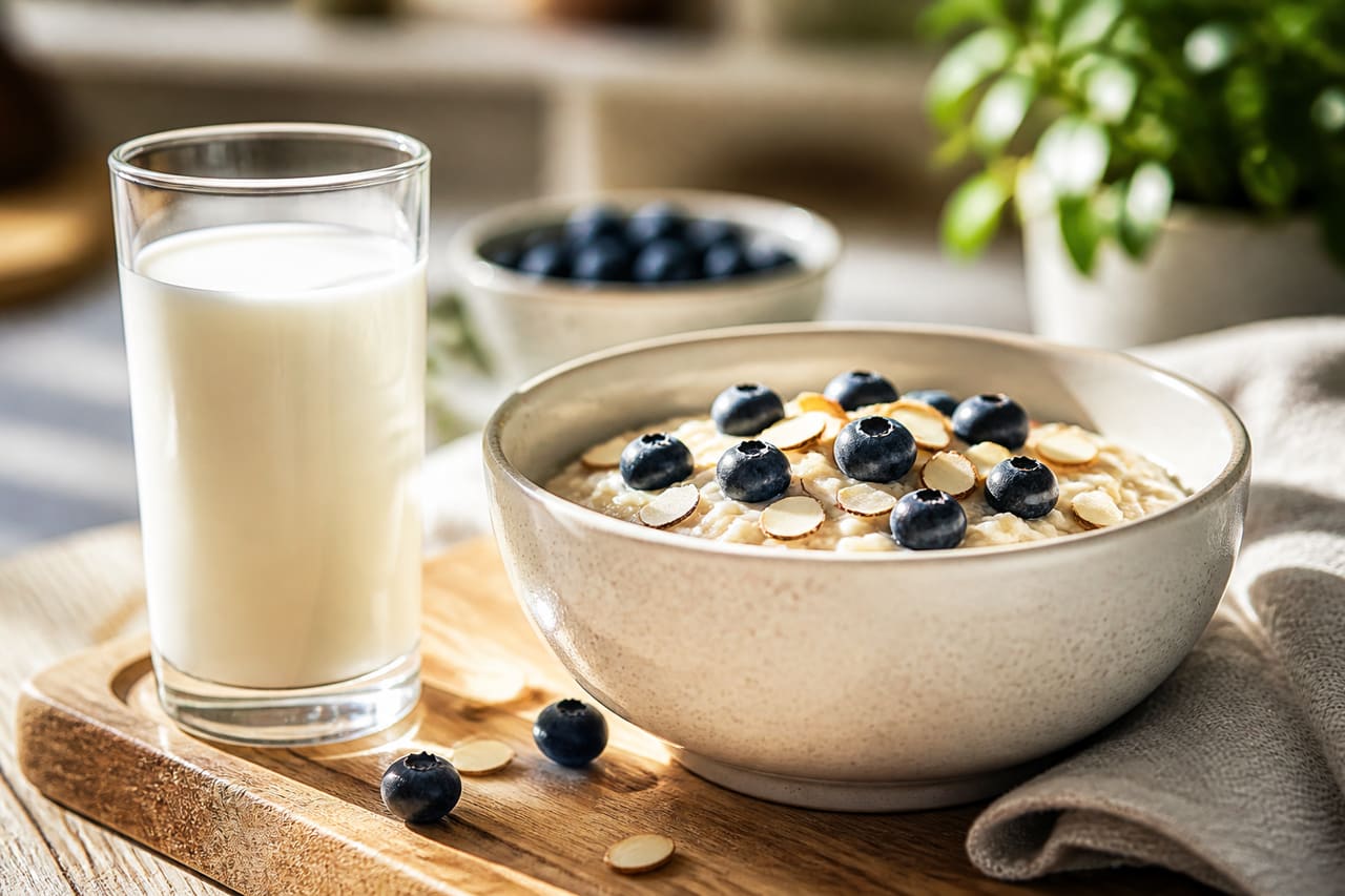 Glass of Fresh Milk and Bowl of Oats with Almonds