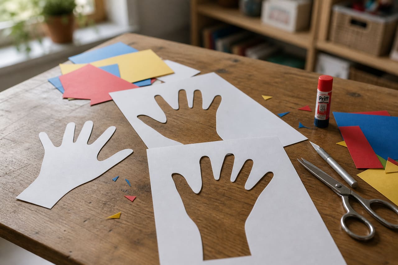 Paper Hand Silhouettes and Crafting Tools on Wooden Table