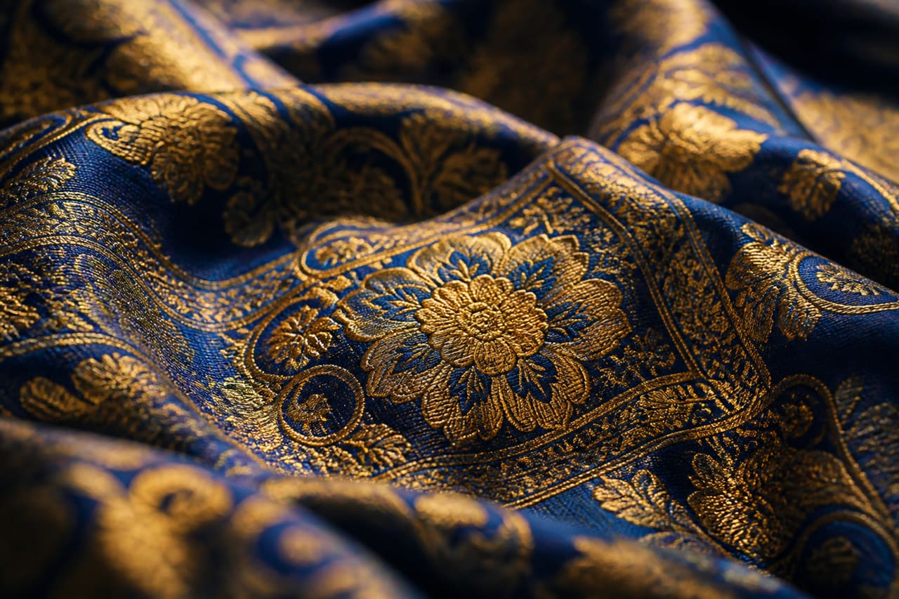 Intricate Gold Brocade Motifs on Royal Blue Silk Fabric