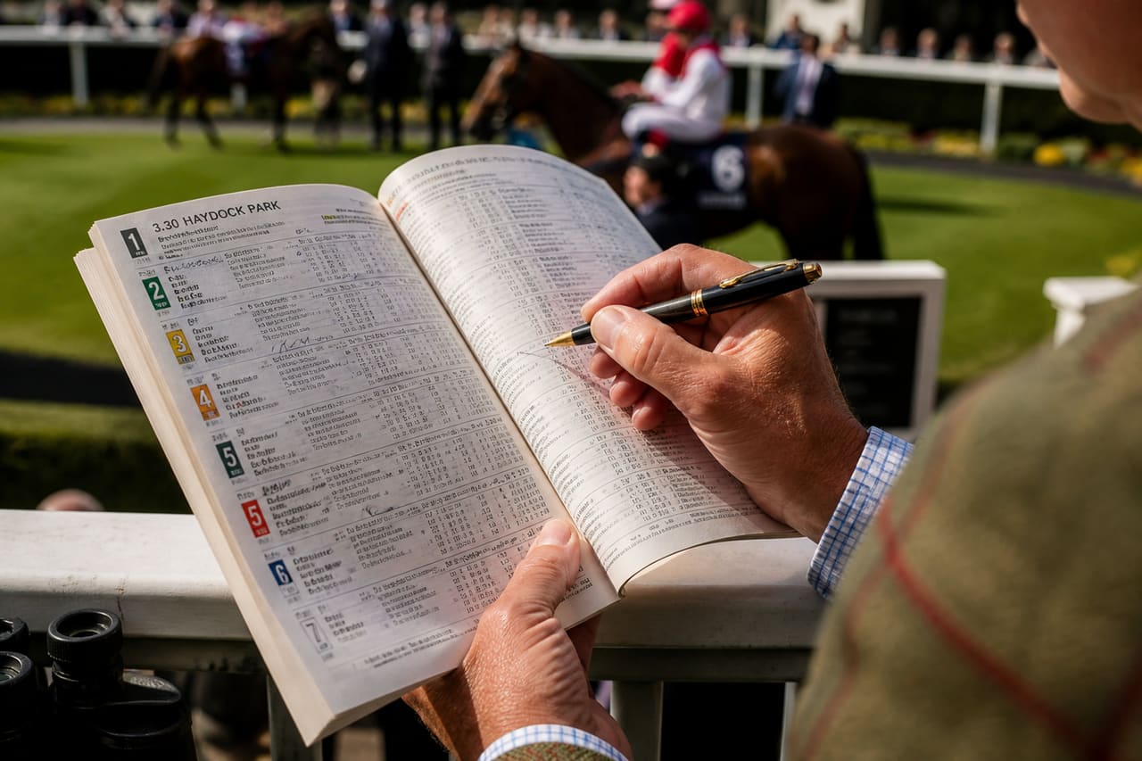 Racegoer Studying a Racing Form Guide at the Track