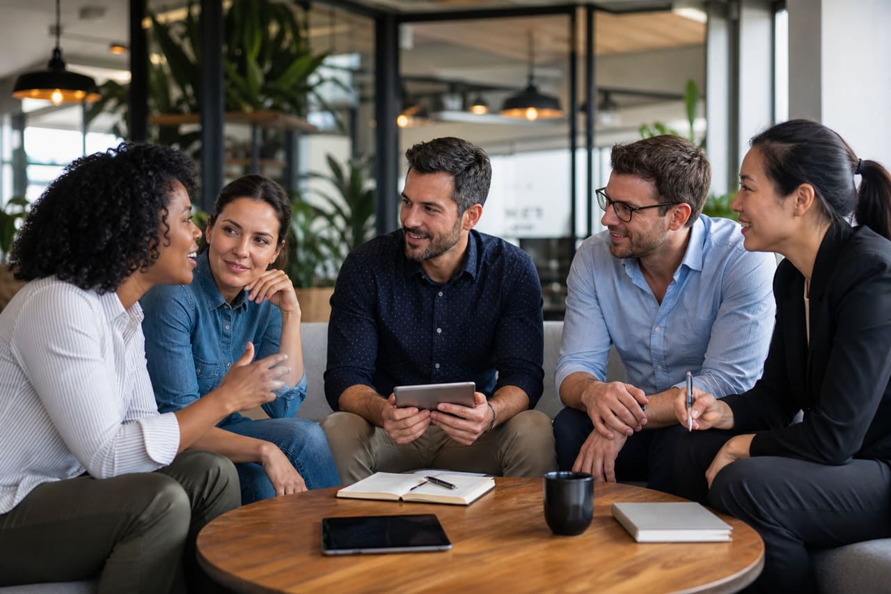 Diverse Business Team Discussing Professional Values in Modern Office