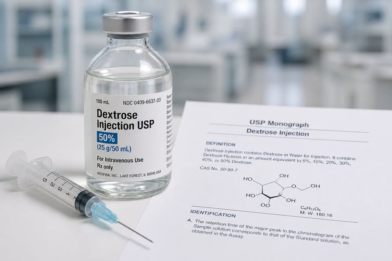 Dextrose Injection Vial and Usp Monograph on Laboratory Bench