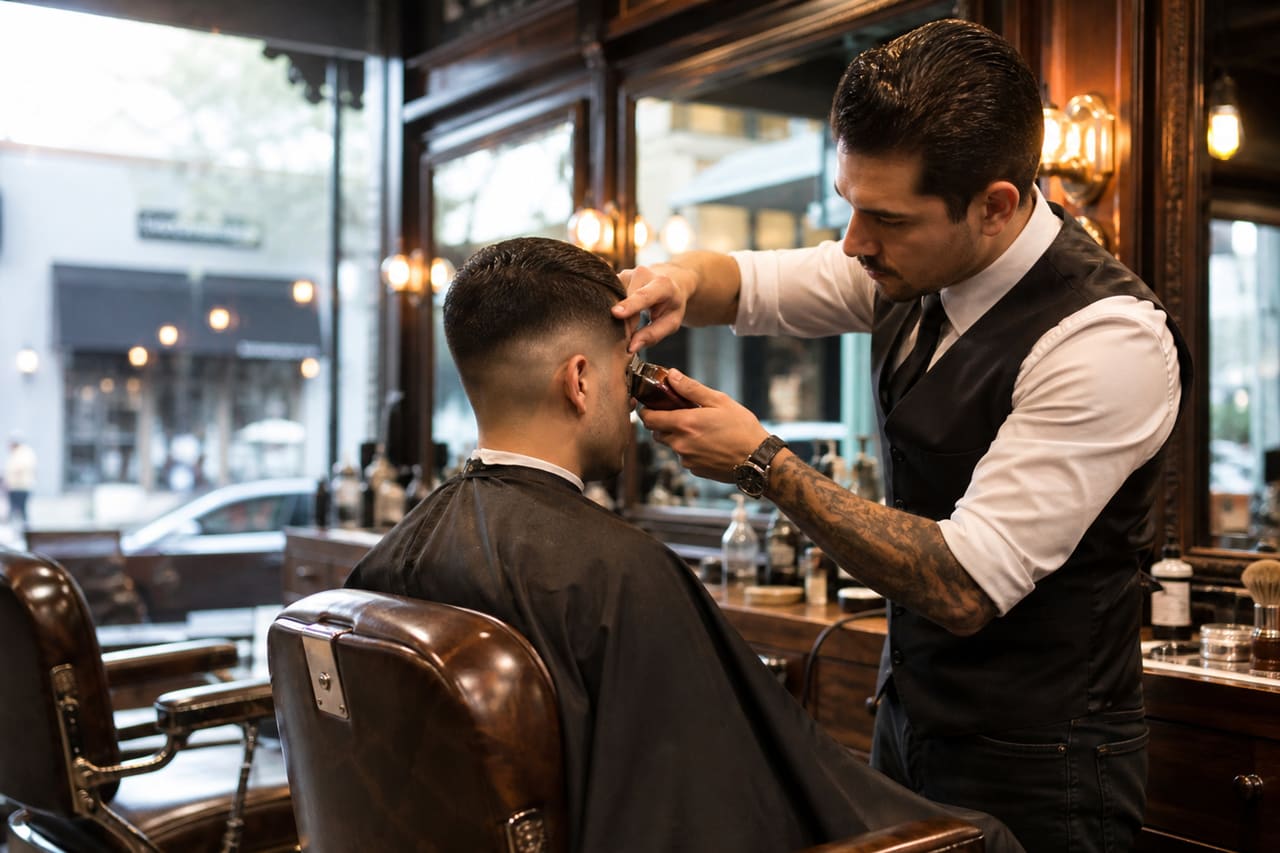 Professional Barber Giving a Precision Haircut in Modern Shop