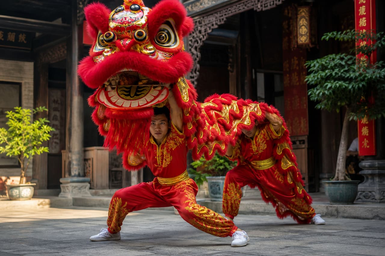 Performers Practicing Basic Steps of Lion Dance in Courtyard
