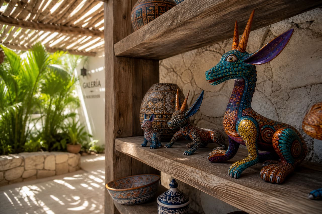 Traditional Mexican Folk Art Sculptures in an Akumal Gallery