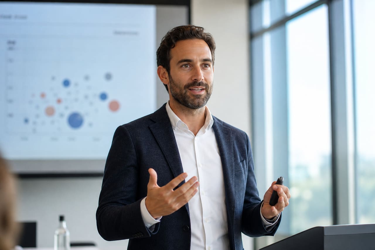 Professional Speaker Delivering a Presentation in a Modern Office