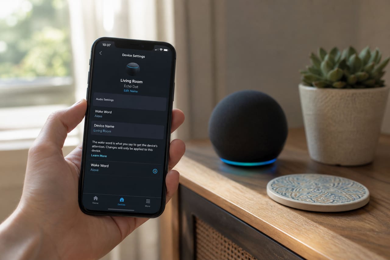 Person Using Smartphone to Customize Smart Speaker Settings