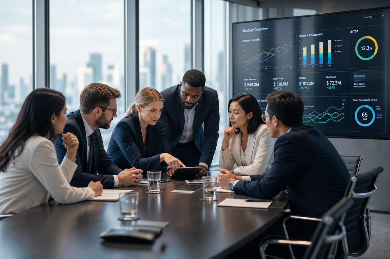 Business Executives Discussing Growth Strategy in Modern Boardroom