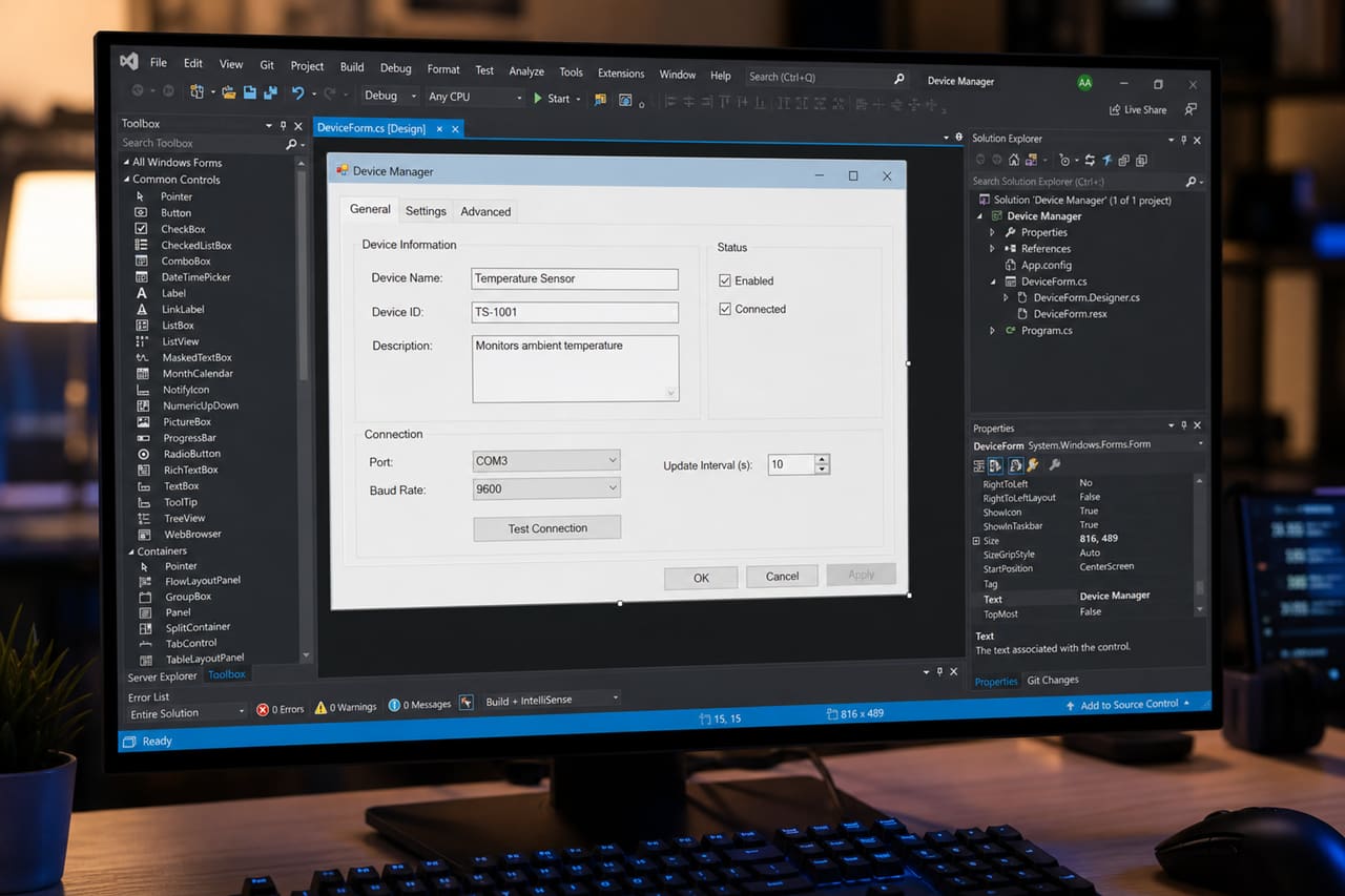Software Developer Designing a Winforms Tab Control on a Monitor