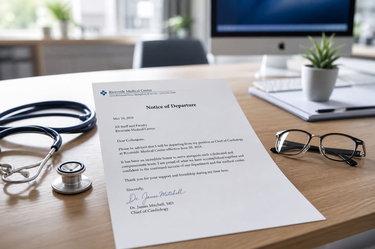 Formal Departure Letter on a Doctor's Desk with Stethoscope