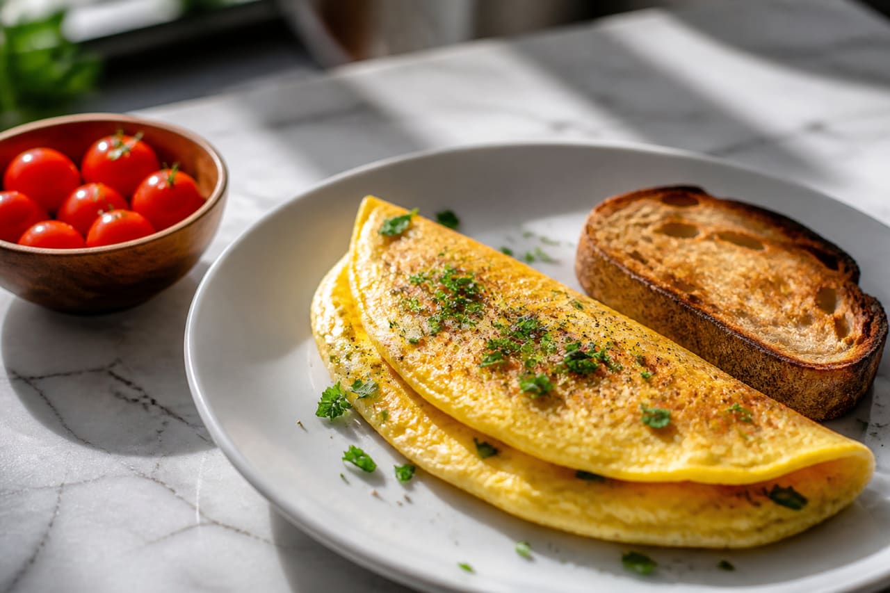 Fluffy Egglettes Omelette with Sourdough Toast and Tomatoes