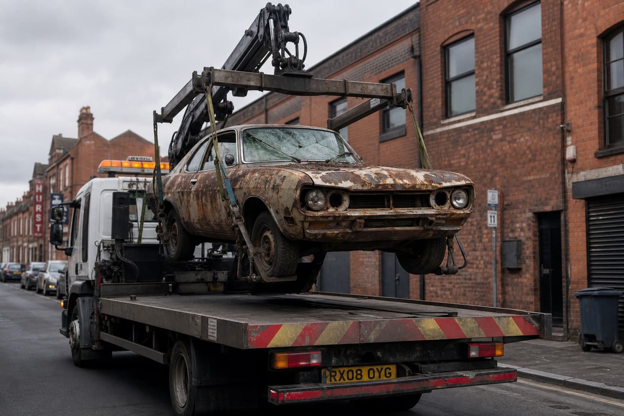 Tow Truck Loading a Rusty Scrap Car in Birmingham City