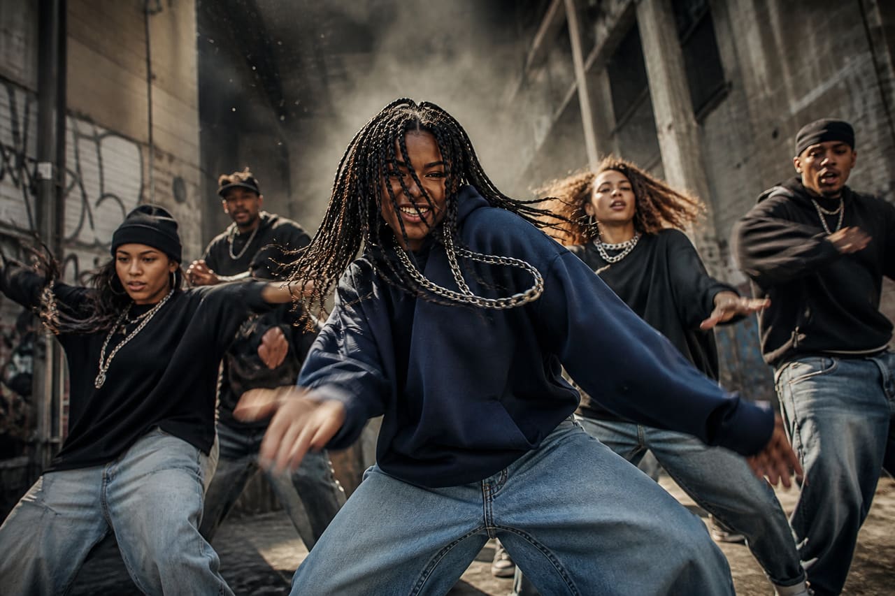 Group of Energetic Dancers Performing a Hip Hop Routine