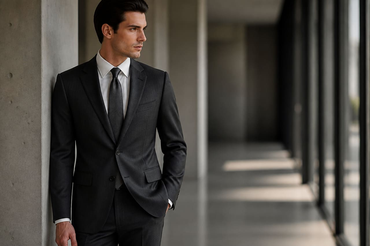 Man Wearing a Tailored Dior Mens Suit in Modern Hallway