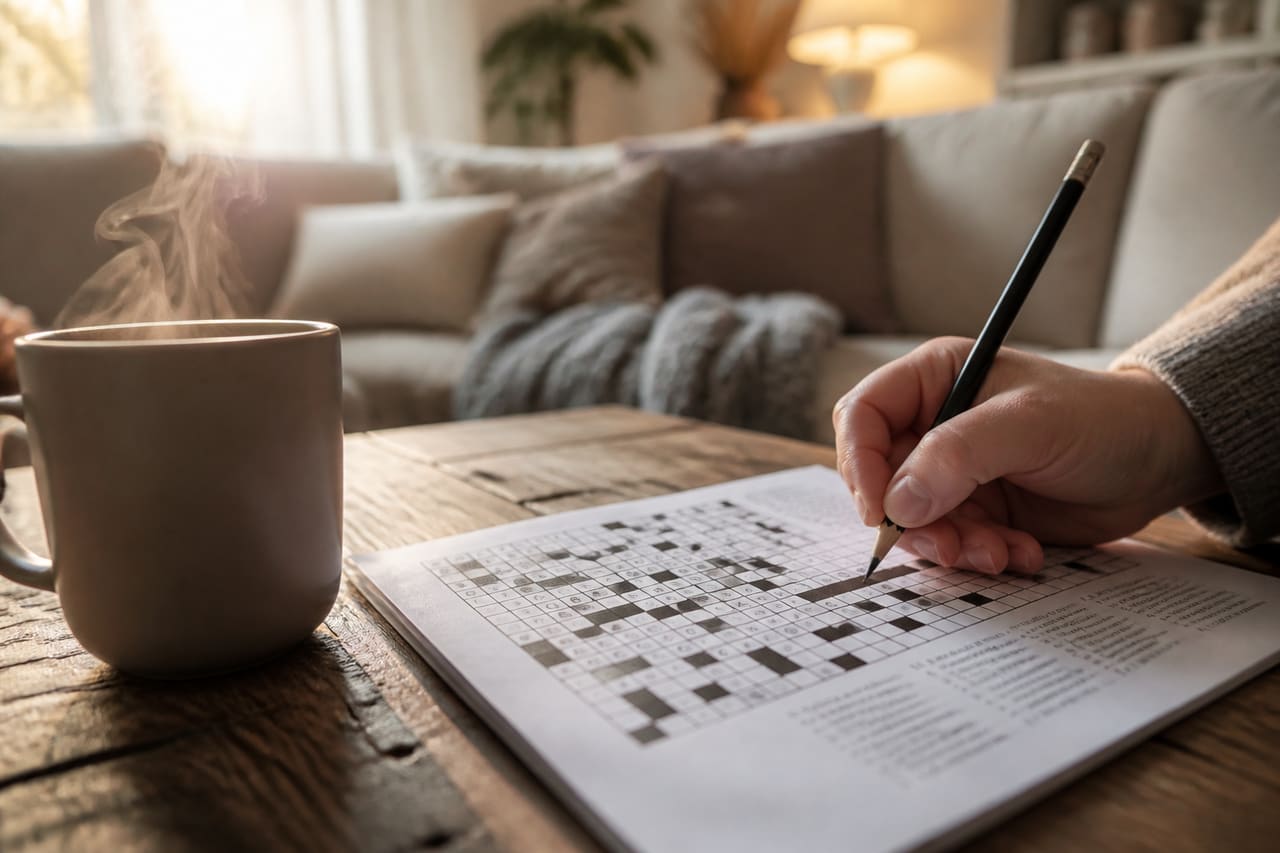 Person Solving a Crossword Puzzle in a Cozy Living Room