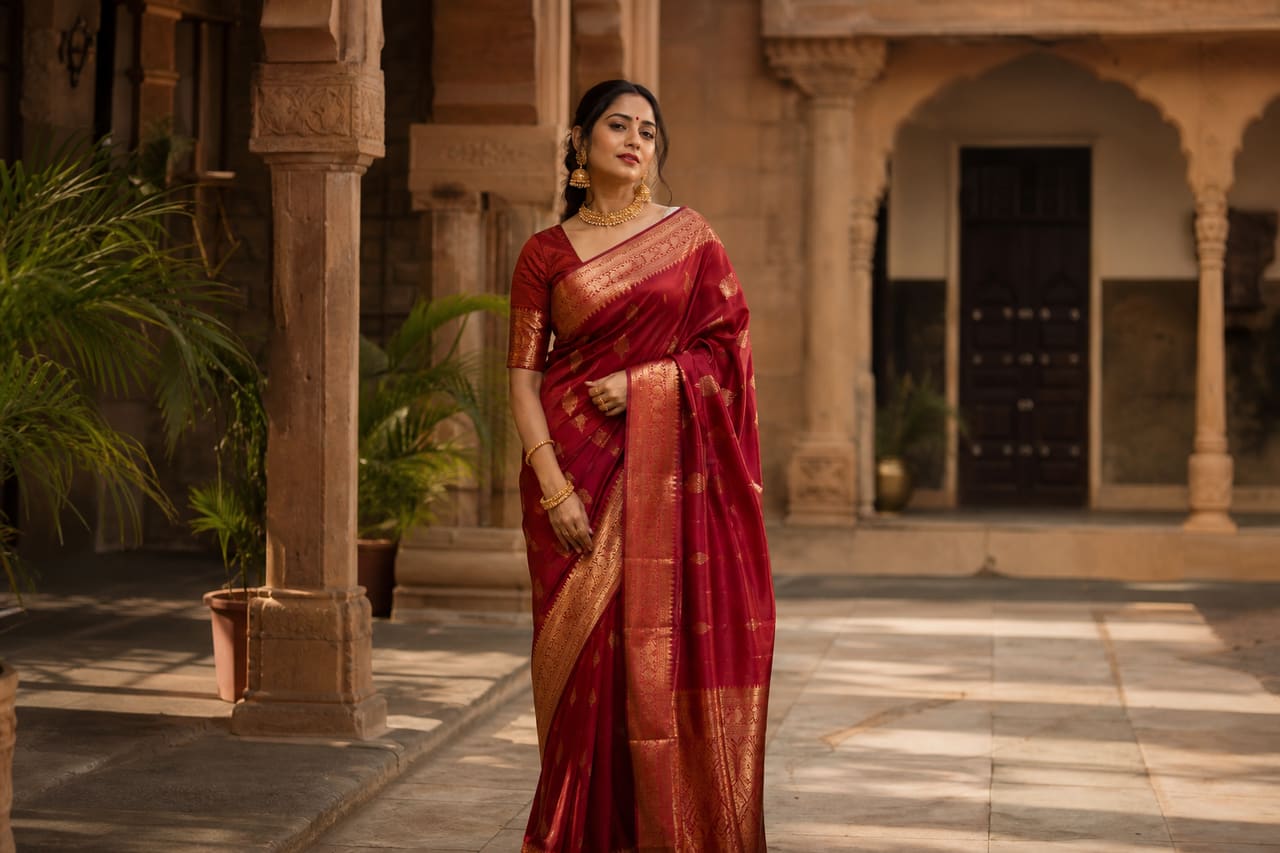South Asian Woman in Traditional Saree Standing in a Sunlit Courtyard