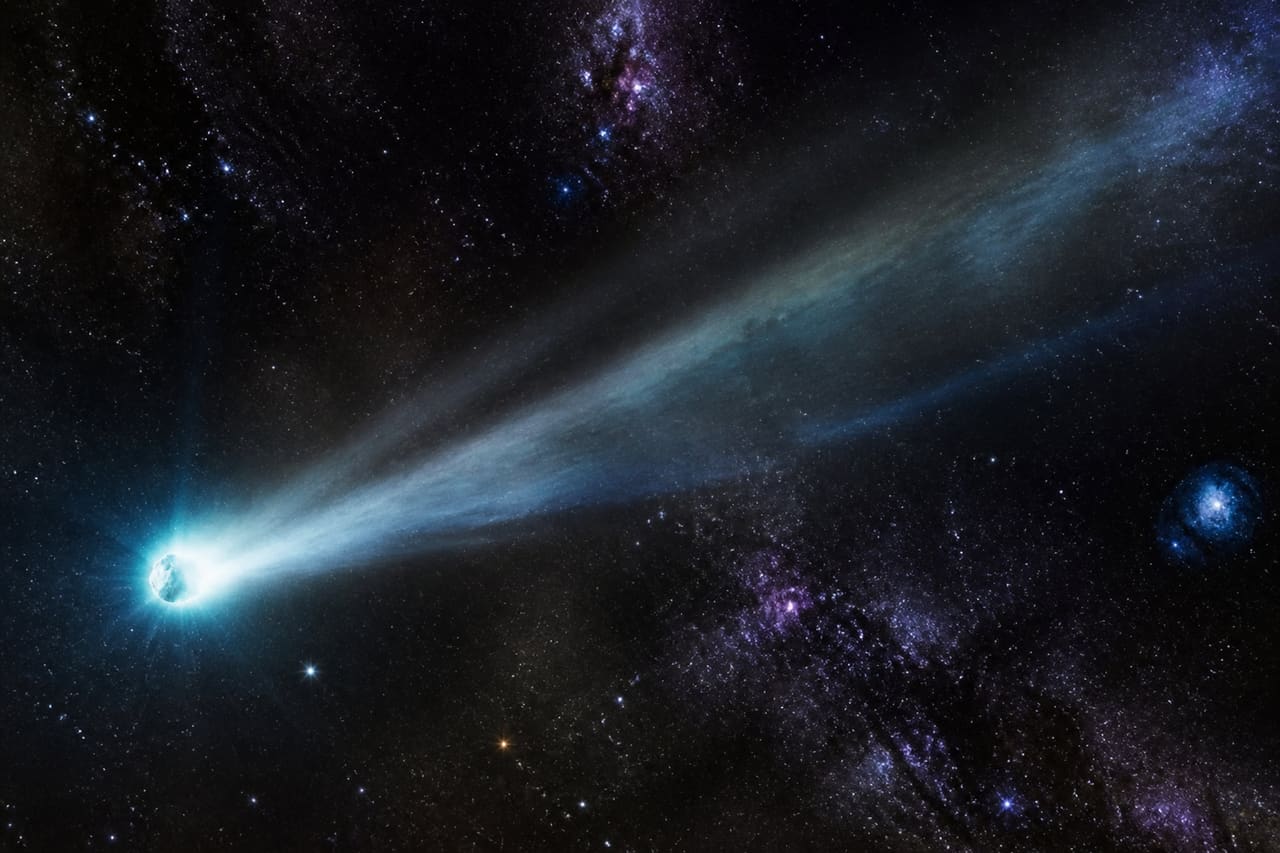 Bright Comet with Glowing Tail in Deep Space